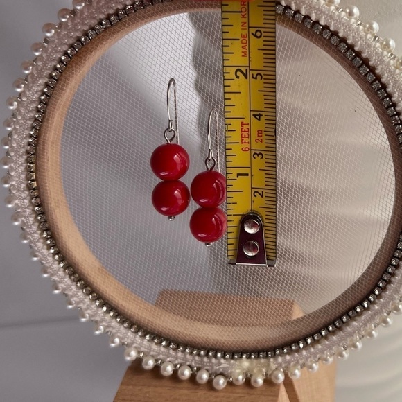 RED Beaded Dangle Earrings in Stainless Steel - Picture 4 of 13